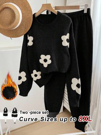 SHEIN CURVE+ 2pcs Women Crochet Floral Pullover Sweater Matched With Loose Drawstring Pants Black Set, Casual Warm And Comfortable Suitable For Autumn/Winter Women Plus Size Floral Print Two Pieces Outfits Plus Size Two Pieces Sweater Sets For Women