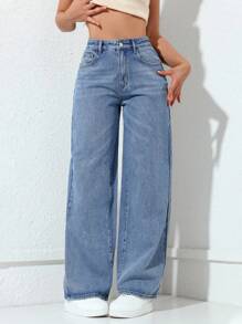 牛仔前扣多口袋休闲裤 - 藍色 - 查看 4