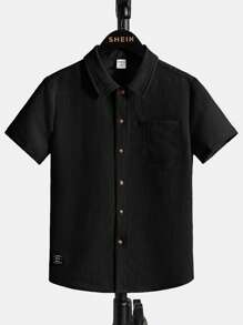 SHEIN Tween Boys' Casual Comfortable Loose Fit Short Sleeve Button Down Shirt With Letter Patched - Black - View 2