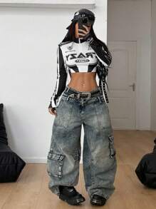 Coolane Women's Fall/Winter Streetwear Ricing  Game Day Sportswear Stretchy Knit Graphics Quarter Zip Cropped Slim Fit Turtleneck Tops With Sleeves Graphic Crop Top