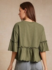 WESTFADE 竹节针织圆领荷叶边袖荷叶边 T 恤，回到学校可爱秋季乡村音乐会 - 綠色 - 查看 2