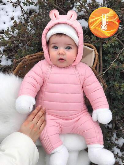 SHEIN Baby Girls' Casual Cute Thick Double Zipper Jumpsuit With Hood And Long Pants, Winter Fall