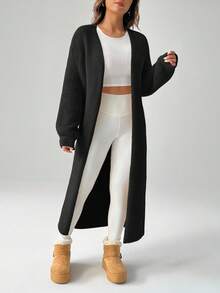 SHEIN PETITE Women's Warm Cardigan For Outings In Autumn And Winter Black Cardigan Women Long Black Cardigan Black Cover Up Chunky Knit Cardigan Maxi Cardigan Black Knit Cardigan Women Black Cardigan,Fall - Black - View 4