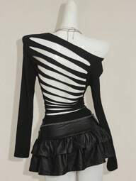 SHEIN ICON One Shoulder Shreeded Back Long Sleeve Jersey Skintight Top Spring, Summer, Holiday, Vacation, Ibiza, Festival, Raves, Cool Girl, Shipwrecked Cutout Top Black Top Goth Top