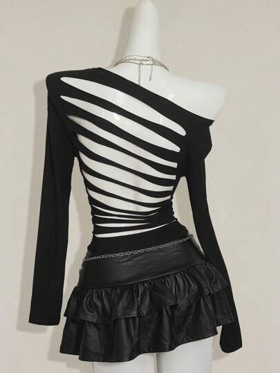 SHEIN ICON One Shoulder Shreeded Back Long Sleeve Jersey Skintight Top Spring, Summer, Holiday, Vacation, Ibiza, Festival, Raves, Cool Girl, Shipwrecked Cutout Top Black Top Goth Top