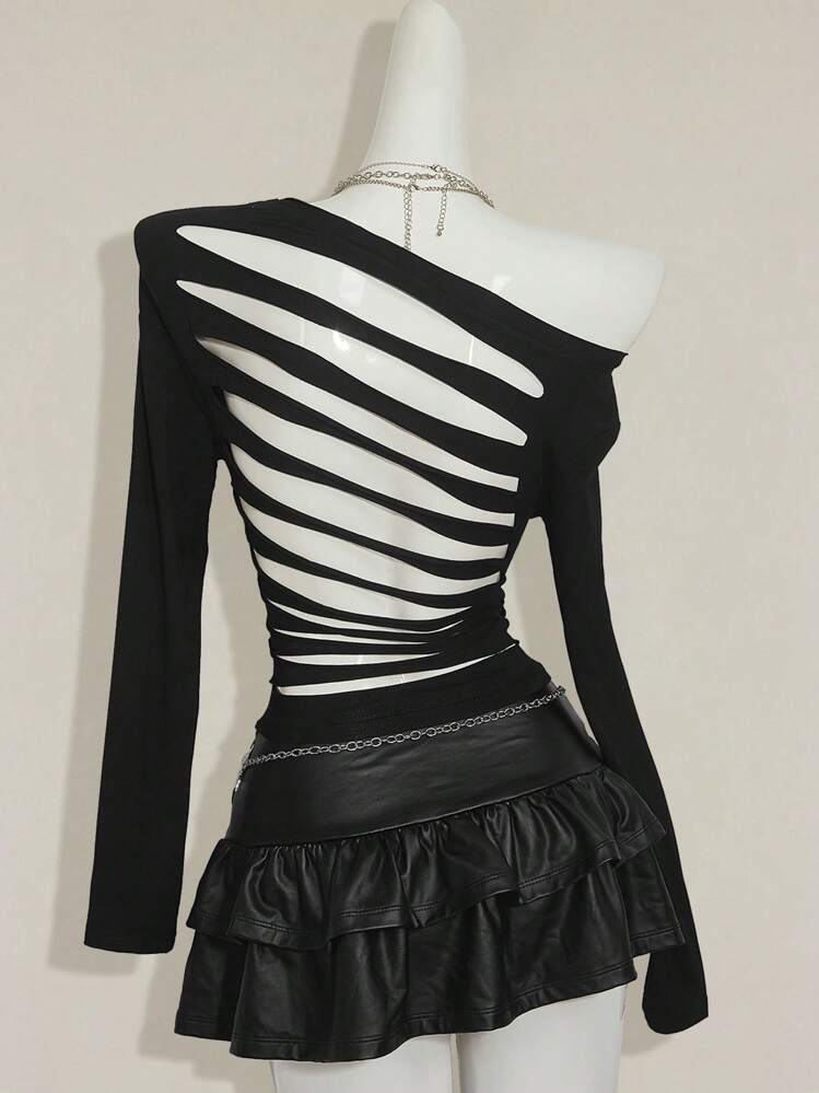 SHEIN ICON Top moulant à manches longues, une épaule, dos déchiré. Idéal pour le printemps, l'été, les vacances, Ibiza, les festivals, les raves. Top pour fille cool, naufragée, noir, style gothique