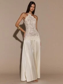 SHEIN BAE Apricot Lace Sexy Elegant Satin Patchwork Backless Dress, Formal Occasion, Cocktail Party, Elegant Long Gown, Autumn/Winter,Prom Dress,Fall Wedding Guest Dress, Sequin Dress,Valentine's Day,Valentine Outfits For Women - Apricot - View 6