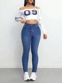 SHEIN Tall CURVE 大码女款蓝色牛仔弹力紧身裤 - 中等水洗藍 - 查看 5