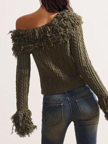 Bohemela Áo len dài tay hở vai họa tiết cáp màu trơn chắp vá thời trang cho nữ vào mùa thu/đông - màu xanh lá - Xem 7