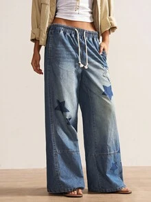 Bohemela 女士休闲纯色梭织牛仔裤，波西米亚复古风格，秋冬 - 藍色 - 查看 6