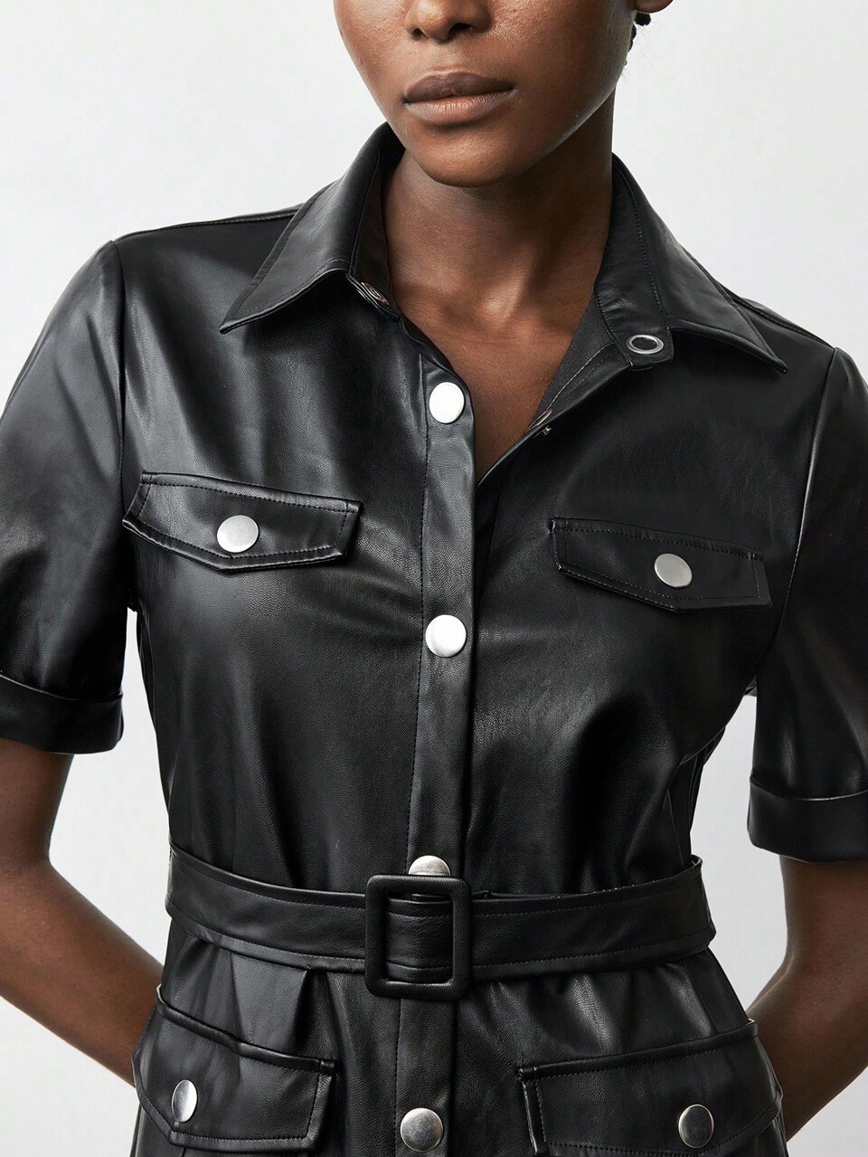 SHEIN Maija Women's Black PU Leather Shirt Dress,Silver Metal Button Decor,Elegant Chic Night Out Autumn Fashion,Modern Urban Office Wear,Old Money Style Dress
