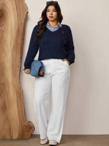 SHEIN LUNE Maglione casual oversize con scollo a V, lavorazione a maglia testurizzata con motivi ricamati