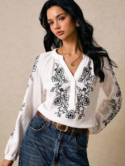 Poéselle Women's Shirts Cotton Embroidered Shirts White Shirts Long-Sleeved Shirts Boho Tops Women's Embroidered Long Sleeve Woven Shirt Fall Tops Fall Clothes For Women Winter Clothes For Women Fall Outfits  Going Out Tops  Button Up Shirt Women