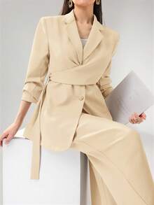 Heiryn Women's Elegant Solid Color Blazer And Pants Suit, Office Wear,Fall - Apricot - View 4