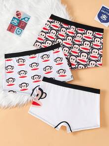 Paul Frank X SHEIN 3 件装男士卡通猴子印花撞色腰带缝线细节舒适平角内裤 - 白色 - 查看 2