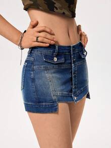 SHEIN EZwear Shorts vaqueros casuales de moda para mujer con parches asimétricos - Azul lavado oscuro - Ver 5