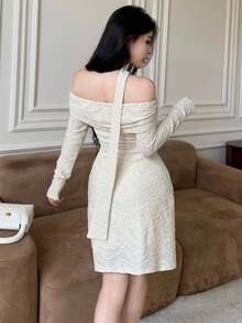 Modelyn Textured Fabric Tie-Strap Off Shoulder Cinched Waist Straight Mini Dress Fall Cloth For Women - Apricot - View 2
