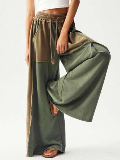 Bohemela Women's Casual Knit Patchwork Loose Wide Leg Washed Pants