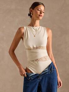 SHEIN BAE Women's Round Neck Contrast Lace Sleeveless Bodysuit