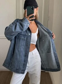 Livesso 女式宽松休闲翻领水洗牛仔夹克