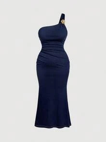 SHEIN MOD Plus Size Women's Navy Blue One Shoulder Denim Dress,Elegant Metal Flower Ruched Bodycon Fishtail Formal Evening Gown,Autumn Clasic Date Night Outfit - Dark Wash - View 1