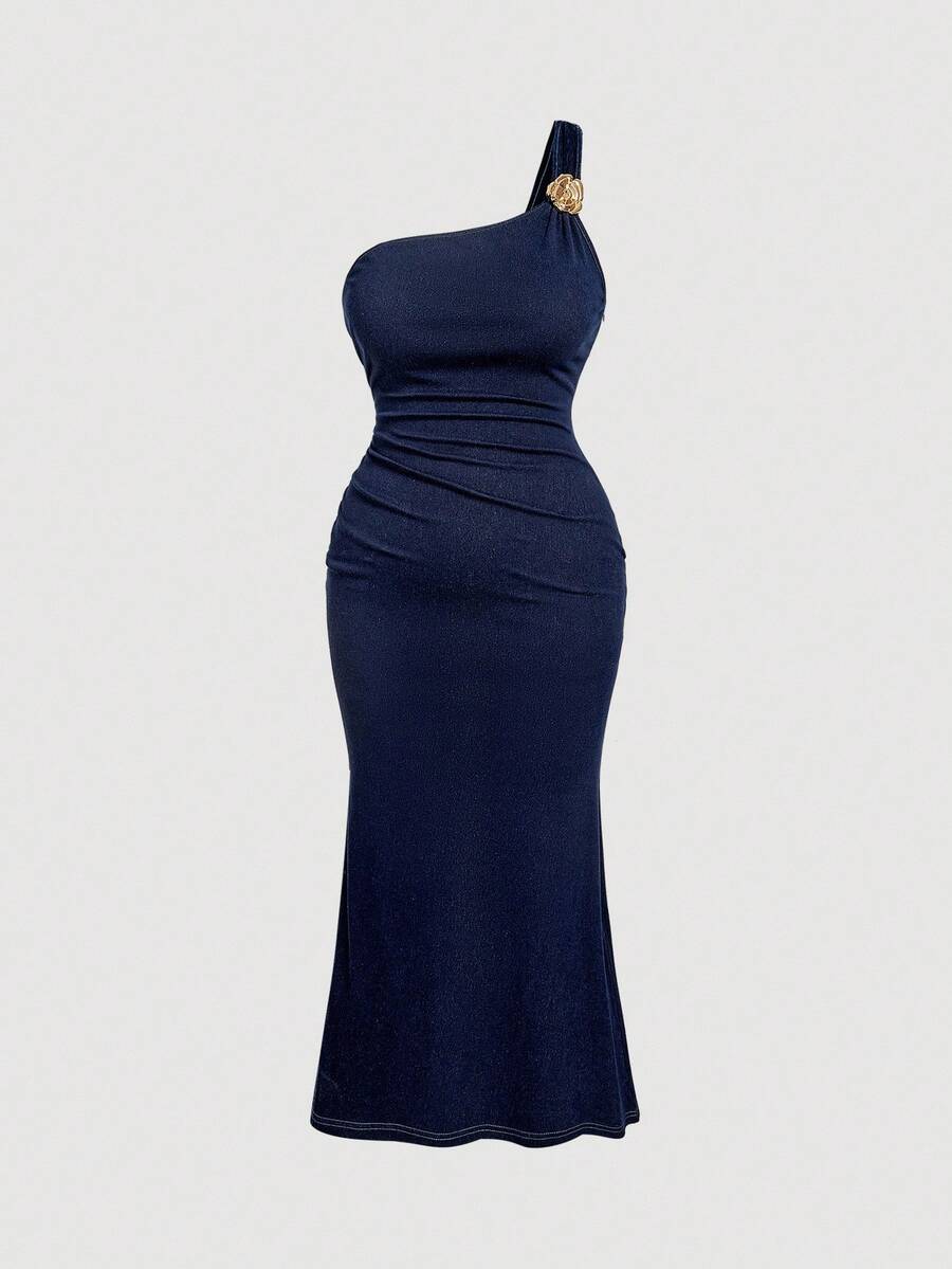 SHEIN MOD Plus Size Women's Navy Blue One Shoulder Denim Dress,Elegant Metal Flower Ruched Bodycon Fishtail Formal Evening Gown,Autumn Clasic Date Night Outfit - Dark Wash - View 1