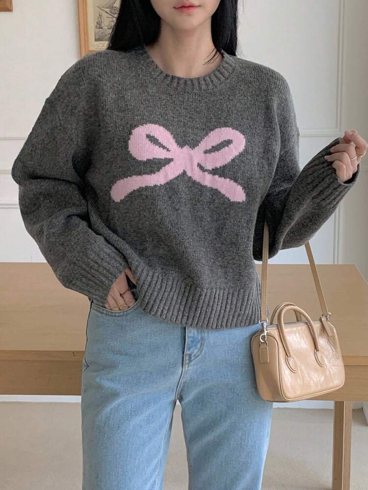 New Autumn Loose Casual Bow Jacquard Knit Sweater For Women Graphic Tee