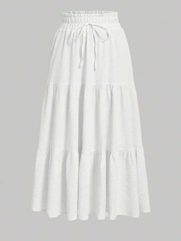 Girlism Teen Girls Ruffle Hem Skirt, White Long Layered Ruffle Hem Paper Bag Waist Skirt, Autumn White Midi Skirt Long White Skirt Tiered Skirt Summer Skirt Tween Skirt Fall Winter