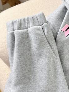 SHEIN 少女三件套：带星星印花的保暖连帽拉链外套、罗纹针织无袖背心和慢跑裤，休闲返校装，浅灰色秋冬款 - 灰色 - 查看 6