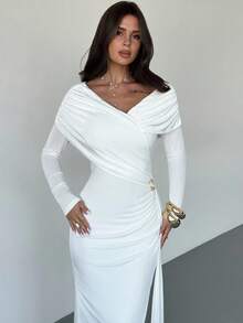 Firerie 女士休闲优雅金属装饰白色长袖连衣裙/派对礼服/新年礼服/优雅派对礼服/闪亮派对魅力礼服/约会礼服/缪斯礼服/女士秋季连衣裙/新年服装/婚礼宾客礼服/舞会礼服/女士奢华晚礼服 - 白色 - 查看 7