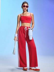 Gameset SHEIN Sport Women's Contrast Side Stripe Elastic Waist Drawstring Sweatpants,Loose Straight Wide Leg Track Pants,Sports Flare Workout Pants - Red - View 5