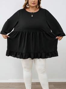 SHEIN CURVE+ 加大码纯色荷叶边下摆套头衫，适合女士休闲外出秋季服装、冬季服装、CURVE PLUS - 黑色 - 查看 8
