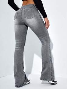 EURMUSE Women's Fashion Casual Pocket Flared Jeans - Light Grey - View 2