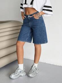 EURMUSE 斜口袋低腰休闲牛仔短裤 - 中等水洗藍 - 查看 6