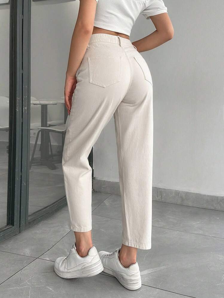 EURMUSE High Waist Basic Mom Fit Jeans - Beige - View 2