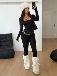 Coolane 女士冬季街头风运动休闲滑雪服，保暖/防寒/弹力舒适黑色修身长袖方领长款保暖连体衣，秋季款 - 黑色 - 查看 4