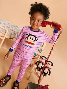 Paul Frank X SHEIN 2 件套少女条纹印花圆领长袖上衣和裤子休闲舒适睡衣套装 - 粉色 - 查看 9