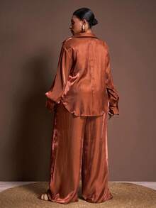 Veslaya Bộ đồ 2 mảnh dành cho nữ cỡ lớn, thanh lịch, gợi cảm, dáng rộng, tay phồng, cổ chữ V sâu, vạt cong, kết hợp áo sơ mi và quần ống rộng dài, chất liệu chiffon, dành cho mùa Xuân/Thu - B - màu nâu - Xem 3