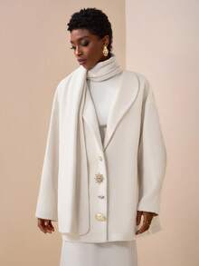 Zivah 2025 Autumn/Winter New Elegant White Woven Lantern Sleeve Mid-Length Woven Coat,Fall - Beige - View 4