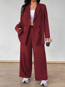 Vionelle Bộ đồ vest thường ngày tay dài cài hai hàng khuy màu trơn cho nữ cỡ lớn - Màu Đỏ Sâu - Xem 1