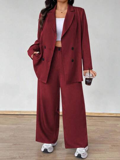 Vionelle Plus Size Women Solid Color Lapel NeckLong Sleeve Double-Breasted Jacket And Pants Casual Suit Set Fall Cloth For Women Autumn