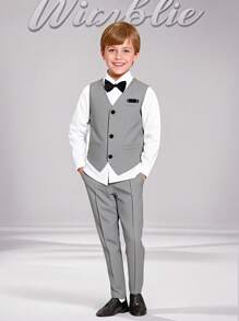 SHEIN 2pcs Tween Boy Gentleman Outfit - Vest, Long Pants Suit, Elegant Outfit For Birthday Party, Evening Party, Wedding, Christening, 1st Birthday (Vest + Pants) - Grey - View 1