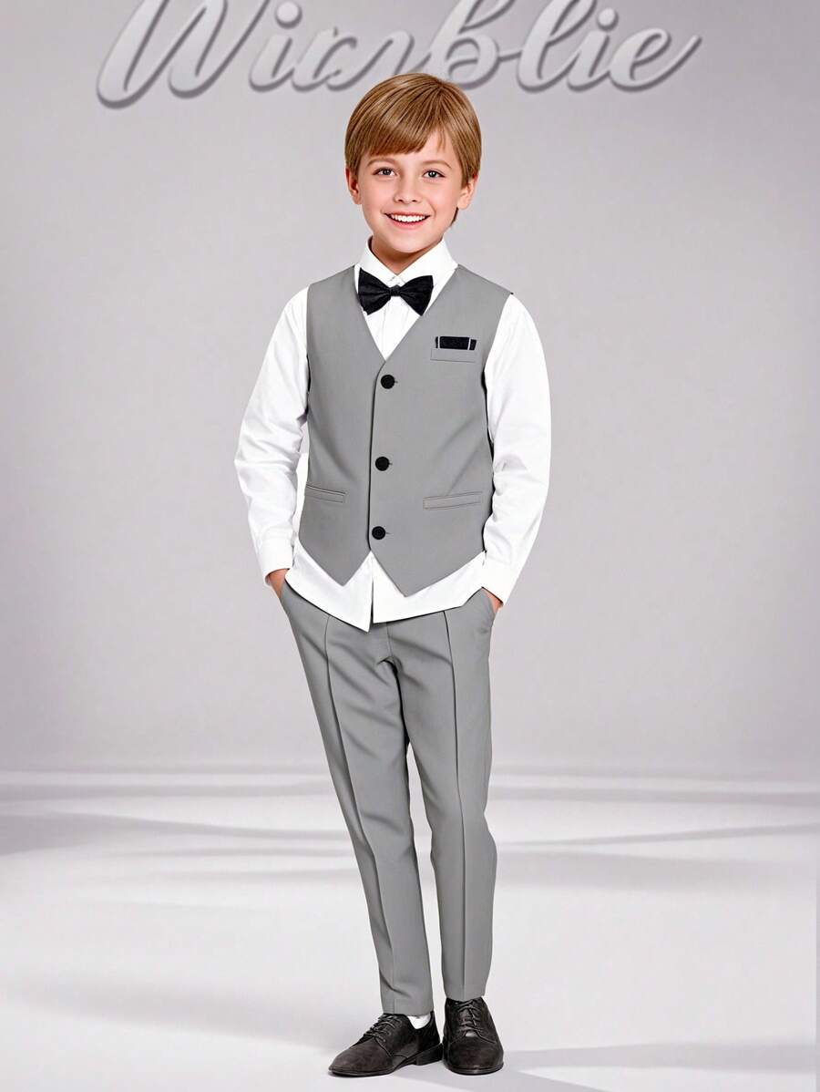SHEIN 2pcs Tween Boy Gentleman Outfit - Vest, Long Pants Suit, Elegant Outfit For Birthday Party, Evening Party, Wedding, Christening, 1st Birthday (Vest + Pants) - Grey - View 1