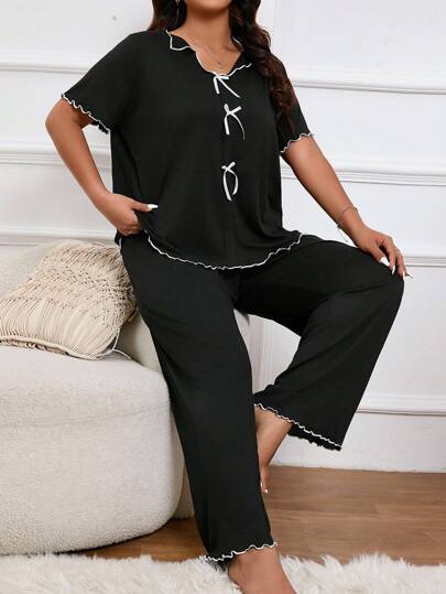 SHEIN Plus Size Women Spring Color Block Top & Pants Pajama Set With Bowknot Decoration And Lettuce Trim, Outfits
