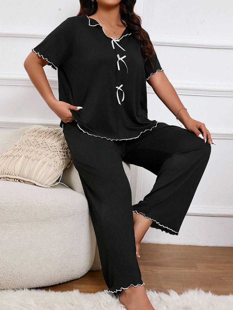 Plus Size Women Spring Color Block Top & Pants Pajama Set With Bowknot Decoration And Lettuce Trim, Outfits - Black - View 1