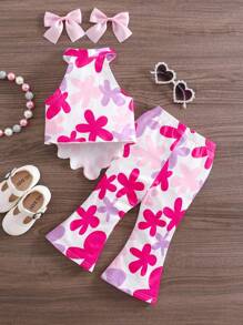 SHEIN Babygirl 2pcs Set, Fashionable Heart Knitted Halter Top And Flare Pants