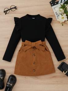 SHEIN Tween Girl Ribbed Knit Ruffle Trim Tee & Cord Belted Skirt