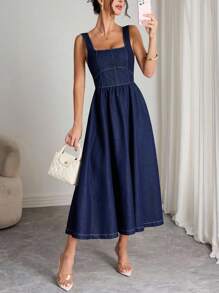 Elenzga 女式方领无袖束腰褶皱水洗牛仔连衣裙 - 深色水洗藍 - 查看 6