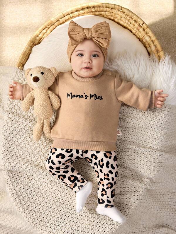 Cozy Pixies Newborn Baby Boy/Girl Cartoon Letter Print Raglan Sleeve Loose Fleece Hoodie & Leopard Print Elastic Waist Fleece Pants 2pcs Set Fall Winter