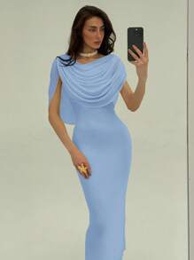 Aloruh Women Solid Color Drape Fit And Flare Dress Blue - Blue - View 6
